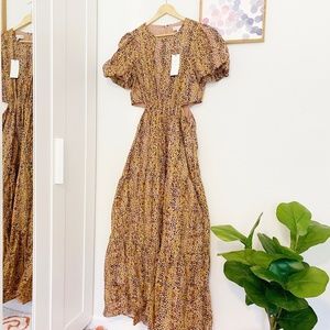 WAYF Plaza Cutout Puff Sleeve Maxi Dress, Leopard Print, NWT